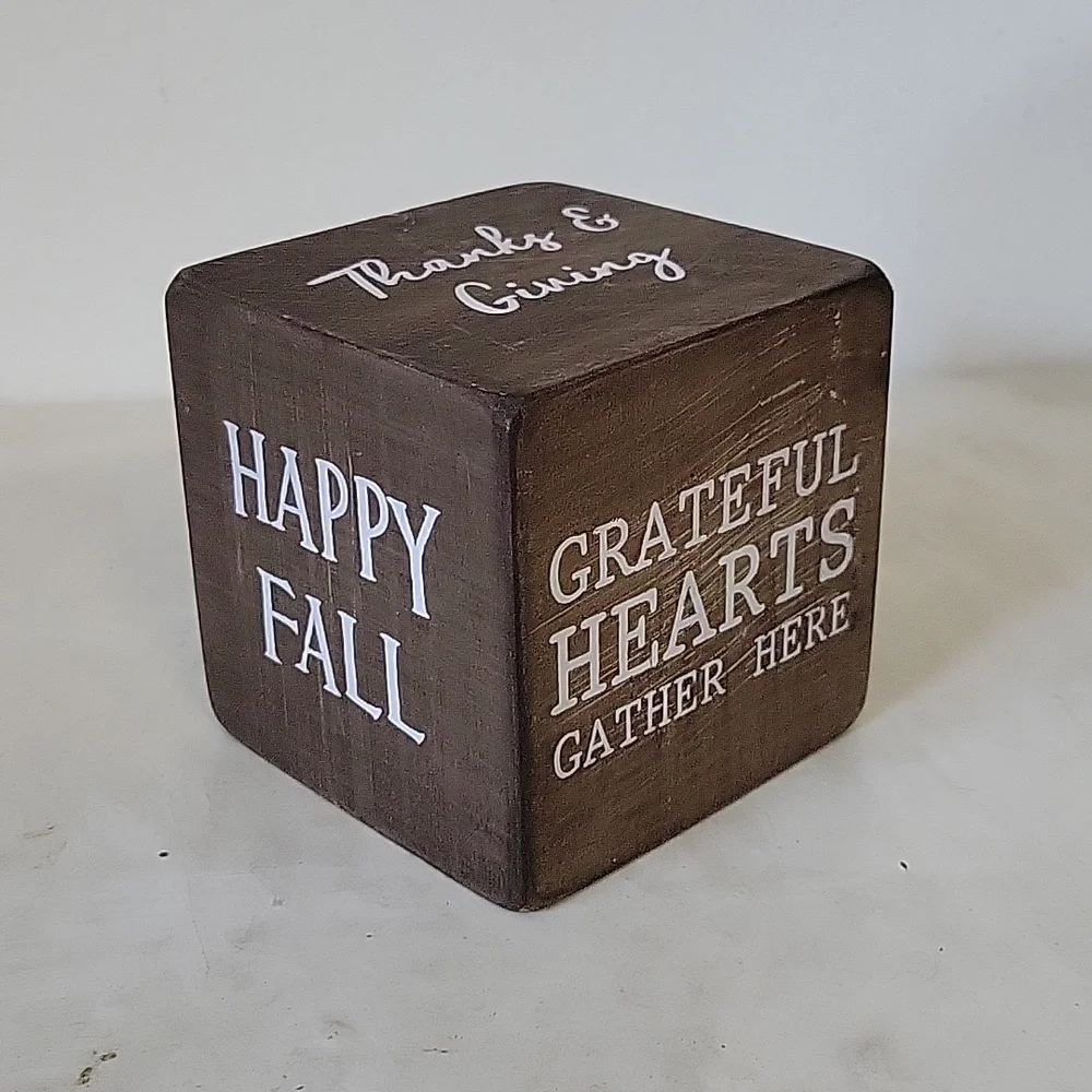 Rustic brown with white Thanksgiving Inspirational quote wood cube decor
